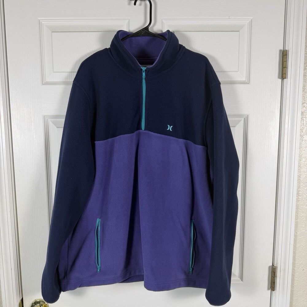 Hurley Mens XXL Fleece Pullover 1/4 Zip Jacket Purple Navy Colorblock Pockets